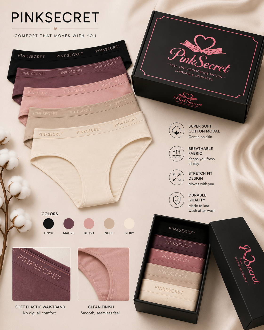 PINKSECRET Women’s Soft Cotton Mid-Waist Hipster Panty – Seamless Comfort Brief (random color 5pes)