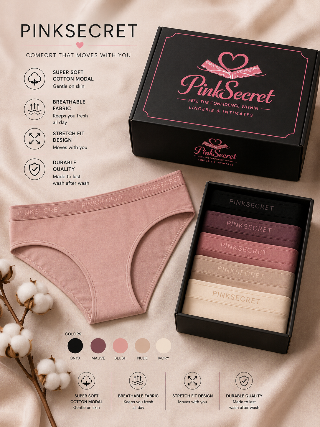 PINKSECRET Women’s Soft Cotton Mid-Waist Hipster Panty – Seamless Comfort Brief (random color 5pes)