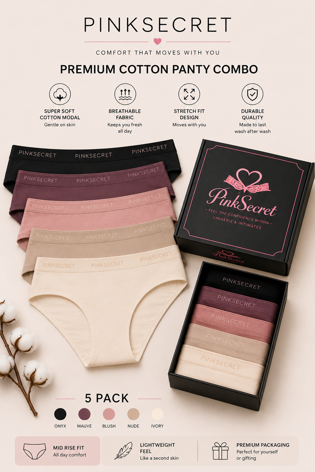 PINKSECRET Women’s Soft Cotton Mid-Waist Hipster Panty – Seamless Comfort Brief (random color 5pes)